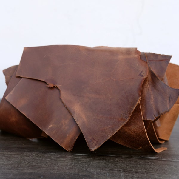 Leather scraps- small leather pieces, brown leather scraps, leather remnants, cowhide leather cut off's, rustic leather