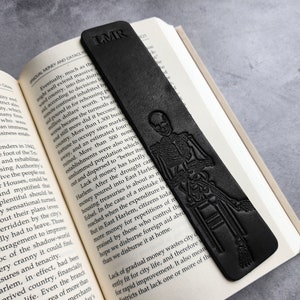 Skeleton reading a book, Custom Bookmark for book lover gift, Personalized Leather Bookmark, Bookish gifts for men with customized initial image 6