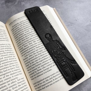 Skeleton reading a book, Custom Bookmark for book lover gift, Personalized Leather Bookmark, Bookish gifts for women with customized initial image 5