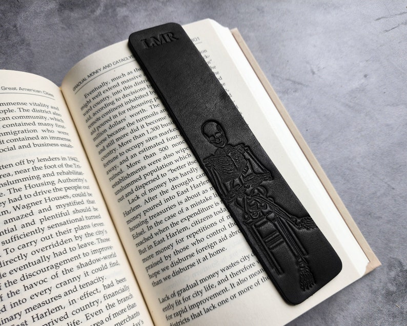 Skeleton reading a book, Custom Bookmark for book lover gift, Personalized Leather Bookmark, Bookish gifts for men with customized initial image 6