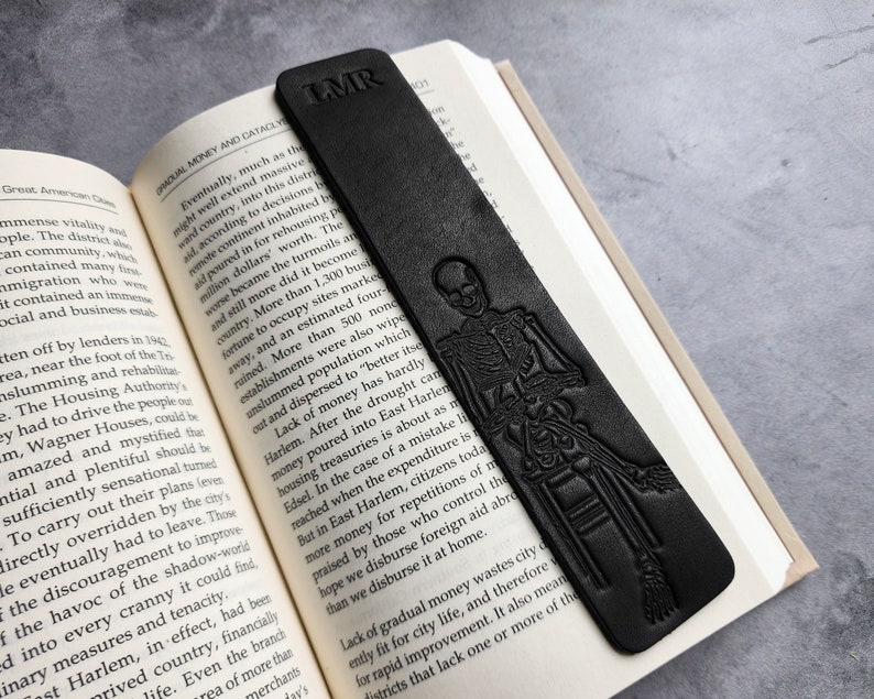 Skeleton reading a book, Custom Bookmark for book lover gift, Personalized Leather Bookmark, Bookish gifts for women with customized initial image 5