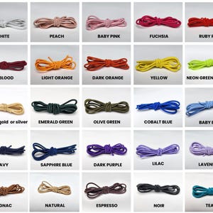 May include: A grid of colorful shoelaces in various shades, including white, peach, baby pink, fuchsia, ruby red, oxblood, light orange, dark orange, yellow, and neon green/yellow. Other colors include metallic gold or silver, emerald green, olive green, cobalt blue, baby blue, navy, sapphire blue, dark purple, lilac, lavender, cognac, natural, espresso, noir, and teal.