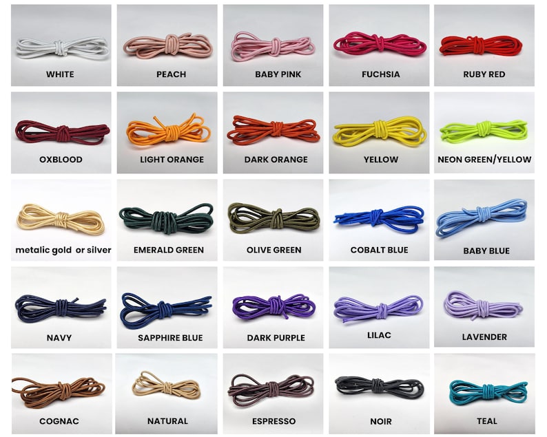 May include: A grid of colorful shoelaces in various shades, including white, peach, baby pink, fuchsia, ruby red, oxblood, light orange, dark orange, yellow, and neon green/yellow. Other colors include metallic gold or silver, emerald green, olive green, cobalt blue, baby blue, navy, sapphire blue, dark purple, lilac, lavender, cognac, natural, espresso, noir, and teal.