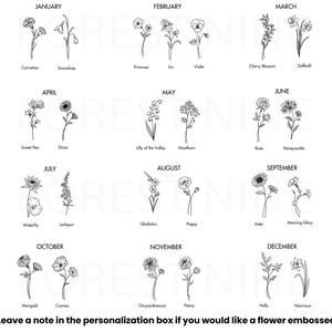 May include: Black and white botanical illustration featuring 12 different flowers, each representing a month of the year. The flowers are labeled with their common names, such as Carnation, Rose, and Poppy. Text at the bottom reads, "Leave a note in the personalization box if you would like a flower embossed."