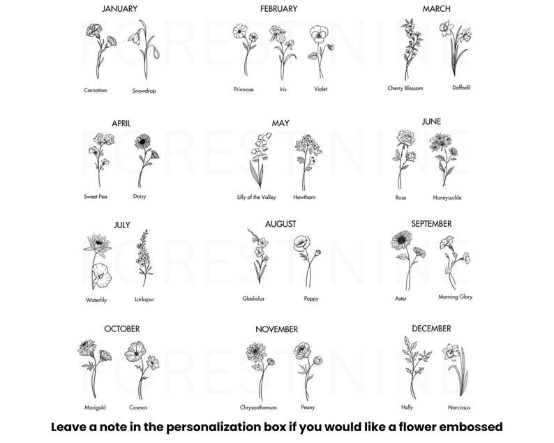 May include: Black and white botanical illustration featuring 12 different flowers, each representing a month of the year. The flowers are labeled with their common names, such as Carnation, Rose, and Poppy. Text at the bottom reads, "Leave a note in the personalization box if you would like a flower embossed."