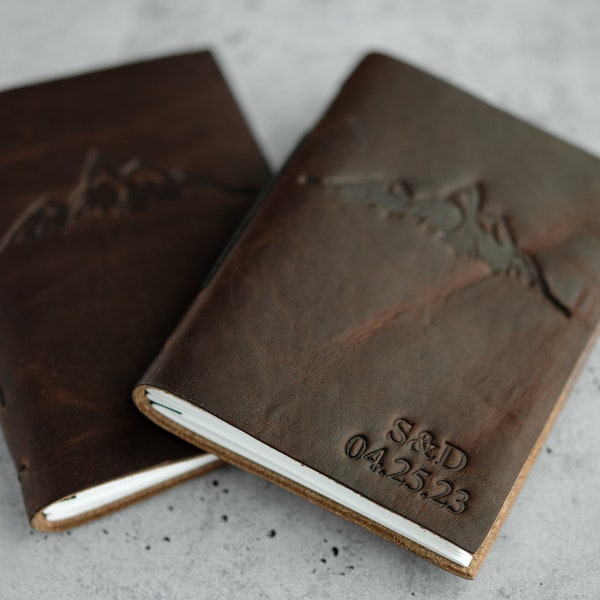 Personalized leather wedding vow books with mountains and custom name, date or initials, Engagement gifts for couples, Rustic wedding theme