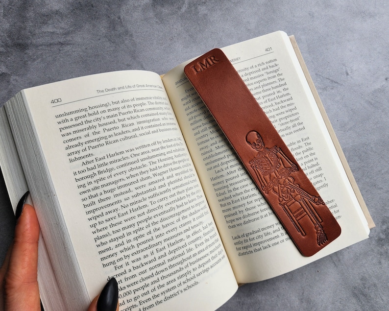 Skeleton reading a book, Custom Bookmark for book lover gift, Personalized Leather Bookmark, Bookish gifts for women with customized initial image 2