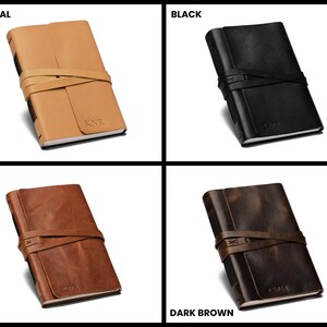 May include: Four leather-bound journals in different colors: natural, black, tan, and dark brown. Each journal has a leather strap closure and the initials "KNR" embossed on the cover.