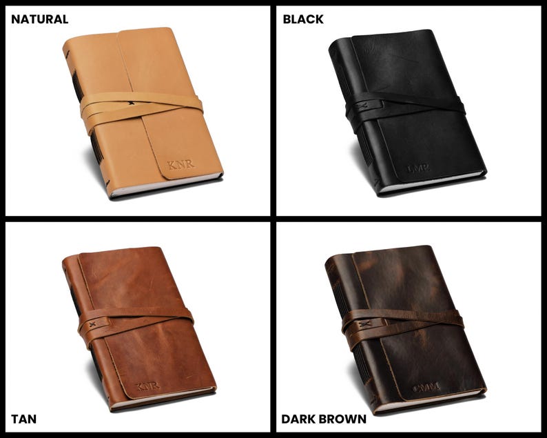 May include: Four leather-bound journals in different colors: natural, black, tan, and dark brown. Each journal has a leather strap closure and the initials "KNR" embossed on the cover.