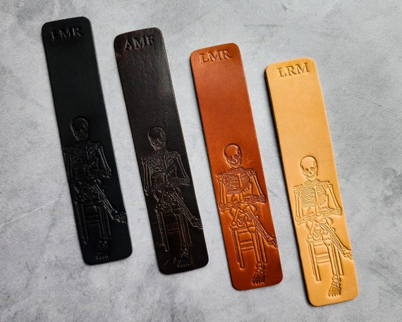 Skeleton reading a book, Custom Bookmark for book lover gift, Personalized Leather Bookmark, Bookish gifts for men with customized initial