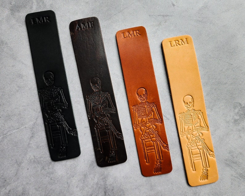 Skeleton reading a book, Custom Bookmark for book lover gift, Personalized Leather Bookmark, Bookish gifts for men with customized initial image 1