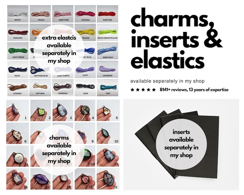 May include: Image featuring a variety of jewelry charms, inserts, and elastics in various colors. Text reads "charms, inserts & elastics" and "extra elastics available separately in my shop". Includes a review count of 8141+ and 13 years of expertise.