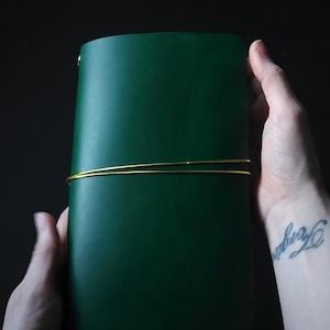 Forest Nine Trifold Leather Journal Cover - Oxblood/burgundy & Gold elastics and Grommets - ONE cover only Emerald
