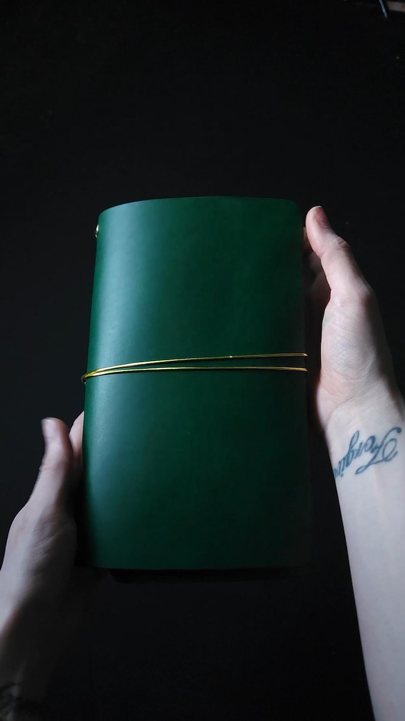 Forest Nine Trifold Leather Journal Cover - Oxblood/burgundy & Gold elastics and Grommets - ONE cover only Emerald