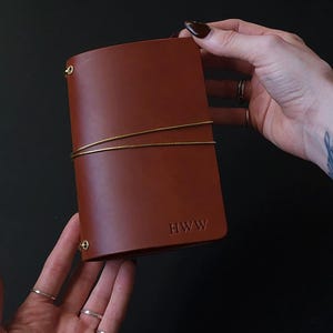 Forest Nine Trifold Leather Journal Cover - Oxblood/burgundy & Gold elastics and Grommets - ONE cover only Cognac