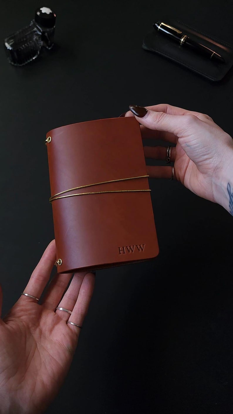 Forest Nine Trifold Leather Journal Cover - Oxblood/burgundy & Gold elastics and Grommets - ONE cover only Cognac