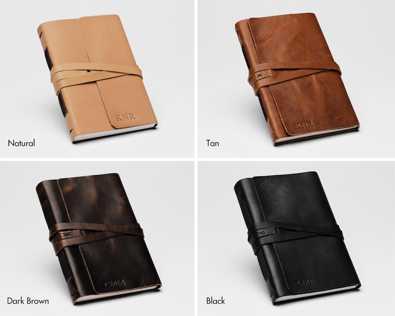 May include: Four leather-bound journals in different colors: natural, tan, dark brown, and black. Each journal has a leather strap closure and the initials "KNR" embossed on the cover.