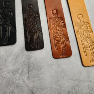 Skeleton reading a book, Custom Bookmark for book lover gift, Personalized Leather Bookmark, Bookish gifts for men with customized initial image 7