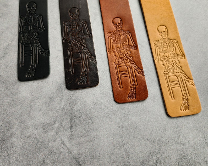 Skeleton reading a book, Custom Bookmark for book lover gift, Personalized Leather Bookmark, Bookish gifts for men with customized initial image 7