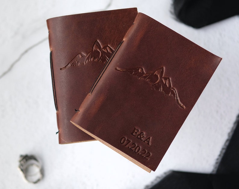 Personalized leather wedding vow books with mountains and custom name, date or initials, Engagement gifts for couples, Boho wedding theme image 3