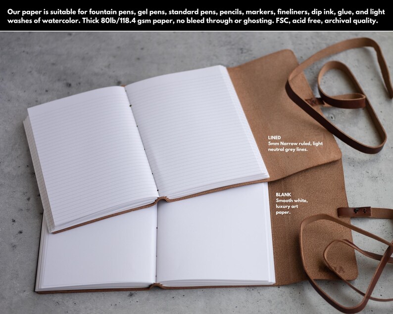 May include: Two open notebooks with brown leather covers. The notebook on top has lined pages with light grey lines. The notebook on the bottom has blank white pages. The text on the covers reads "LINED 5mm Narrow ruled, light neutral grey lines." and "BLANK Smooth white, luxury art paper."