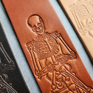 Skeleton reading a book, Custom Bookmark for book lover gift, Personalized Leather Bookmark, Bookish gifts for women with customized initial image 1