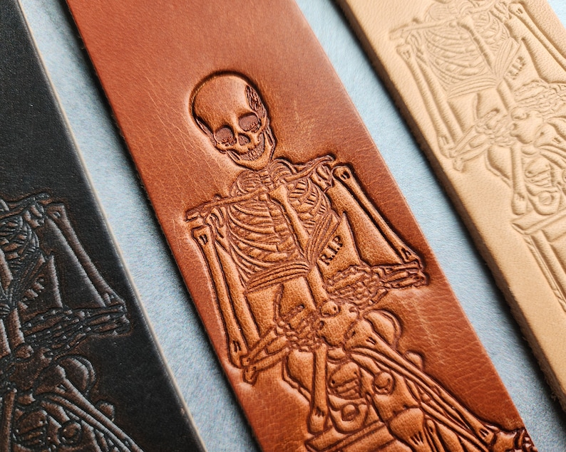 Skeleton reading a book, Custom Bookmark for book lover gift, Personalized Leather Bookmark, Bookish gifts for women with customized initial image 1