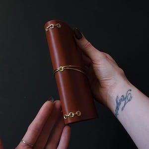 Forest Nine Trifold Leather Journal Cover - Oxblood/burgundy & Gold elastics and Grommets - ONE cover only image 20