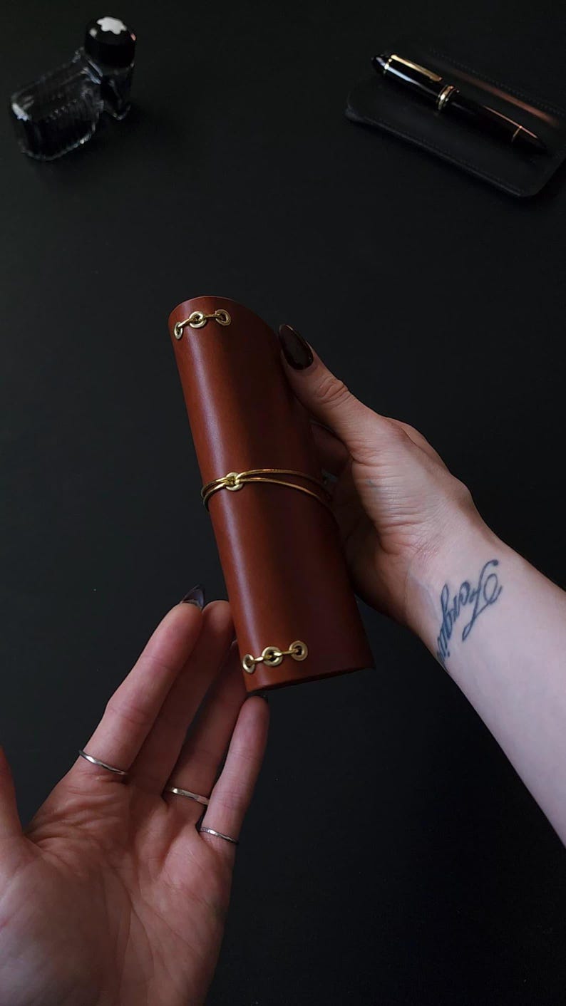 Forest Nine Trifold Leather Journal Cover - Oxblood/burgundy & Gold elastics and Grommets - ONE cover only image 20