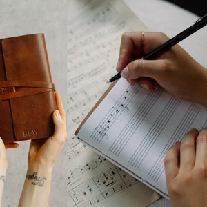 Personalized Leather Music Journal | Musicians Stave Notebook / Song Writing Diary with Music Staff Paper | Music Score | Music Gift for Him