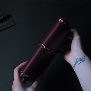 Forest Nine Trifold Leather Journal Cover - Oxblood/burgundy & Gold elastics and Grommets - ONE cover only image 2