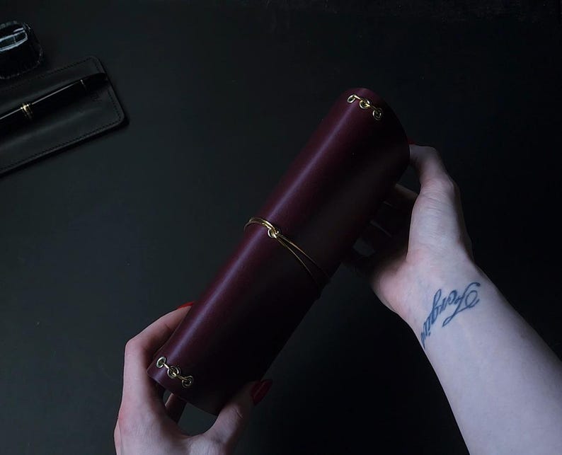 Forest Nine Trifold Leather Journal Cover - Oxblood/burgundy & Gold elastics and Grommets - ONE cover only image 2
