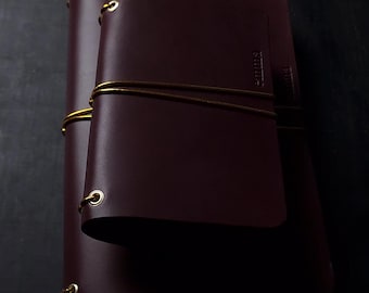 Forest Nine Trifold Leather Journal Cover - Oxblood/burgundy & Gold elastics and Grommets - ONE cover only