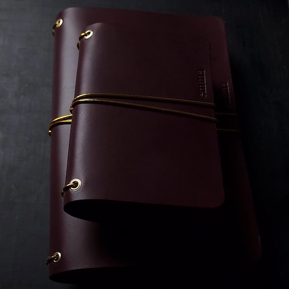 Trifold Leather Journal Cover - Oxblood/burgundy & Gold elastics and Grommets - ONE cover only