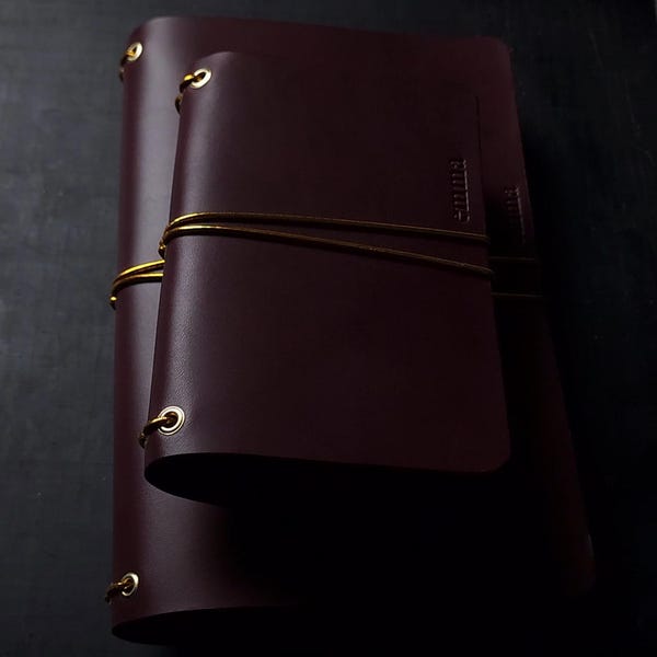 Forest Nine Trifold Leather Journal Cover - Oxblood/burgundy & Gold elastics and Grommets - (One) Travel Document Organizer