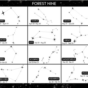 May include: A black and white illustration of the 12 zodiac signs with their corresponding dates. The signs are arranged in a grid with the title "FOREST NINE" at the top.