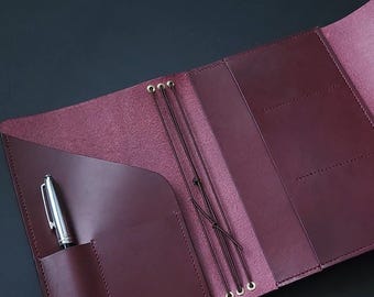 Custom Trifold Leather Journal Cover with pockets, A5 size, Forest Nine