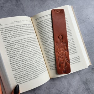Skeleton reading a book, Custom Bookmark for book lover gift, Personalized Leather Bookmark, Bookish gifts for men with customized initial image 10