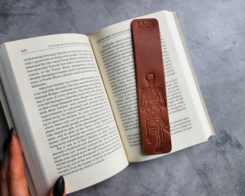 Skeleton reading a book, Custom Bookmark for book lover gift, Personalized Leather Bookmark, Bookish gifts for men with customized initial image 10