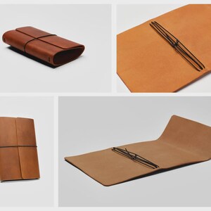 May include: A set of four images showcasing a brown leather journal. The journal is closed with an elastic band. The interior is a lighter shade of brown. The journal is shown closed, open, and at different angles.