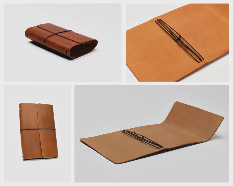 May include: A set of four images showcasing a brown leather journal. The journal is closed with an elastic band. The interior is a lighter shade of brown. The journal is shown closed, open, and at different angles.