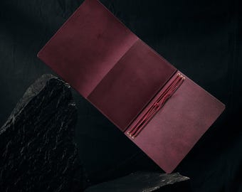 Trifold leather journal with back pocket -  A6, B6, A5, Standard, B5 or A4, Personalized Travel Notebook Cover, A5 fits Kindle Paperwhite