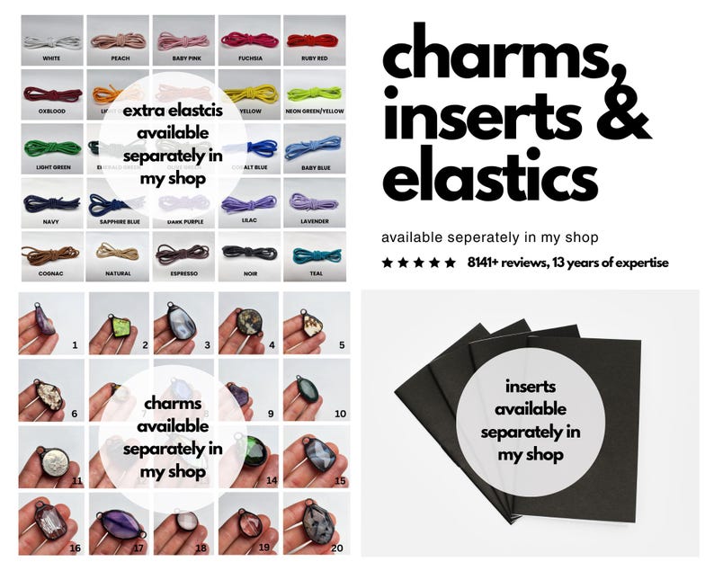 May include: Image featuring a variety of craft supplies. The image includes colorful elastic cords, decorative charms, and inserts. Text on the image reads "charms, inserts & elastics" and "extra elastics available separately in my shop."