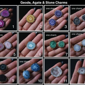 May include: A selection of geode, agate, and stone charms in shades of purple, yellow, blue, green, and white. Each charm features a gold-coloured metal border and a loop for jewellery making.