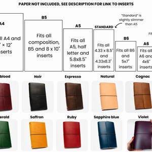 May include: A product display featuring leather journals in various colors, including oxblood, black, brown, and blue. The image also shows size guides for A4, B5, A5, Standard, B6, A6, and Field Note inserts. Text on the image reads "Paper not included, see description for link to inserts."