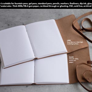 Pode incluir: Dois cadernos abertos com capas de couro marrom. O caderno de cima tem p&aacute;ginas pautadas com linhas cinza claras. O caderno de baixo tem p&aacute;ginas brancas em branco. O texto nas capas diz "LINED 5mm Narrow ruled, light neutral grey lines." e "BLANK Smooth white, luxury art paper."