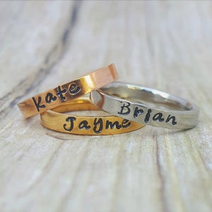 Silver Gold Rose Gold Stacking Name Ring, Stackable Mother Name Rings, Tri-Color Handstamped Ring, Custom Initial Ring, Flat Front Ring