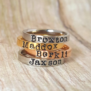 Tri Color Stacking Rings, Name Ring, Stackable Personalized Ring, Mothers Ring, Personalized Mother Ring, Hand Stamped Ring, Flat Front Ring