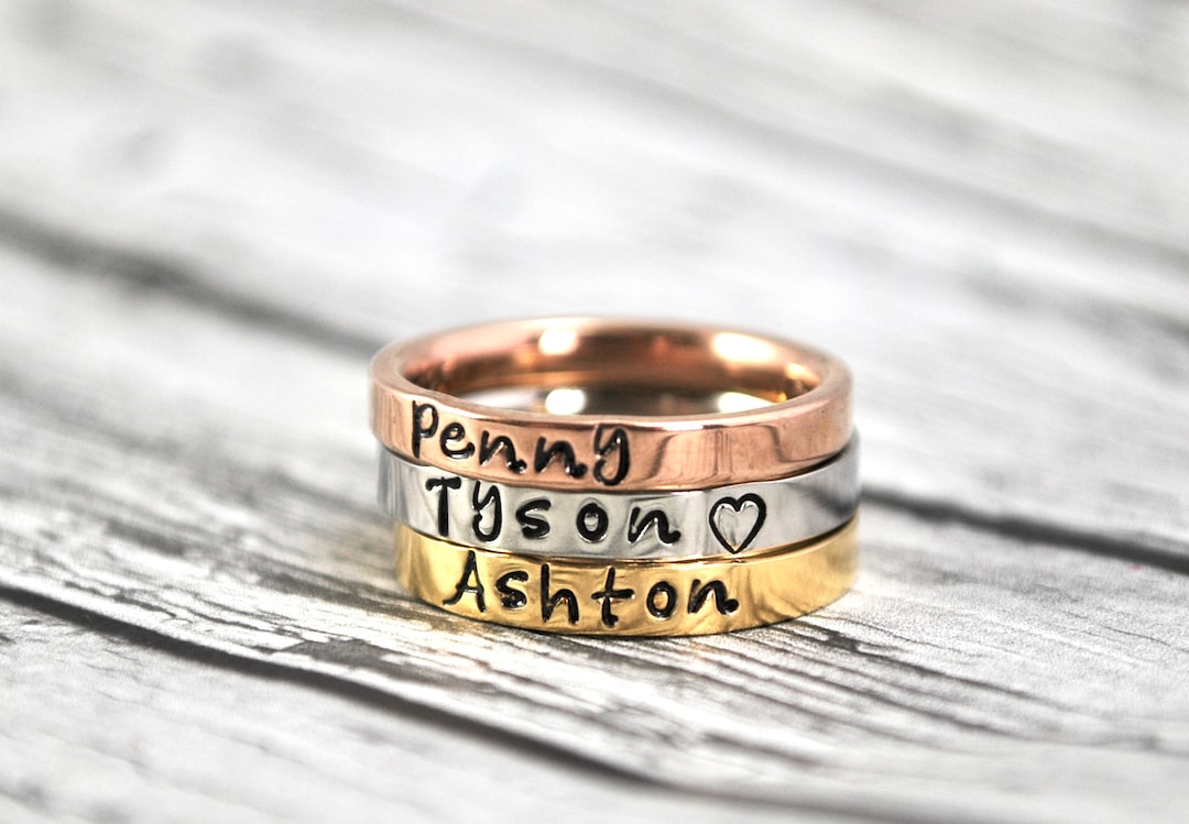 Silver Gold Rose Gold Stacking Name Ring, Stackable Name Rings ...