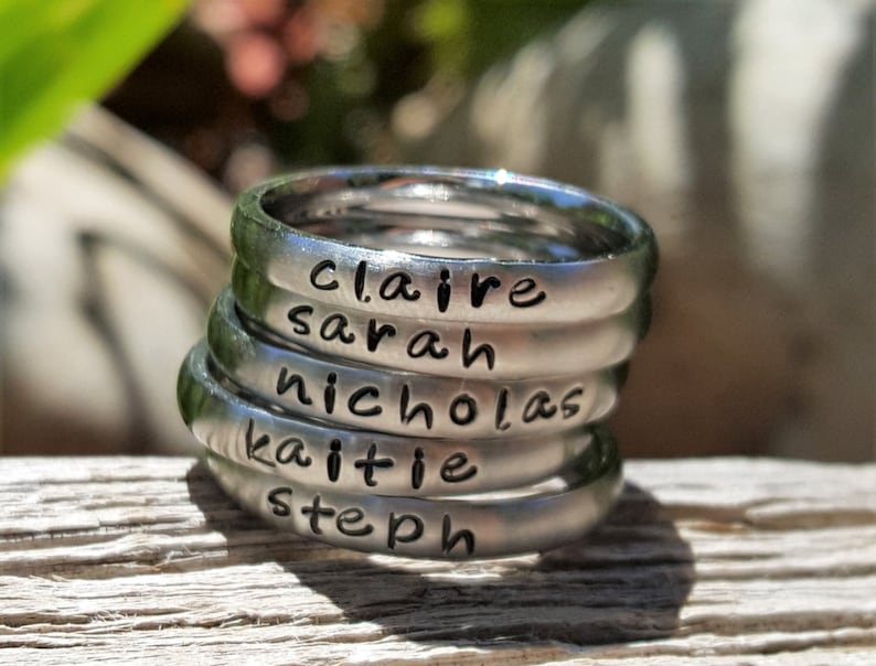 Custom Handstamped Name Rings, Personalized Stacking Ring, Mom Jewelry, Name Ring for Mom, Handstamped Initial Ring, Brushed Matte Ring 